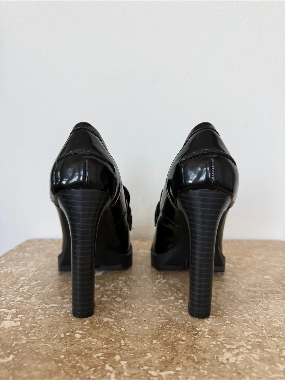 Karl Lagerfeld Paris Black Patent Loafer Pumps Gold Logo Lug Sole Platform Heels